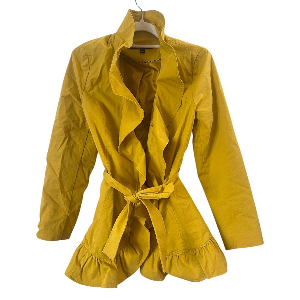 Sandro Studio Yellow Ruffle Front Belted Lightweight Coat M - Picture 1 of 6